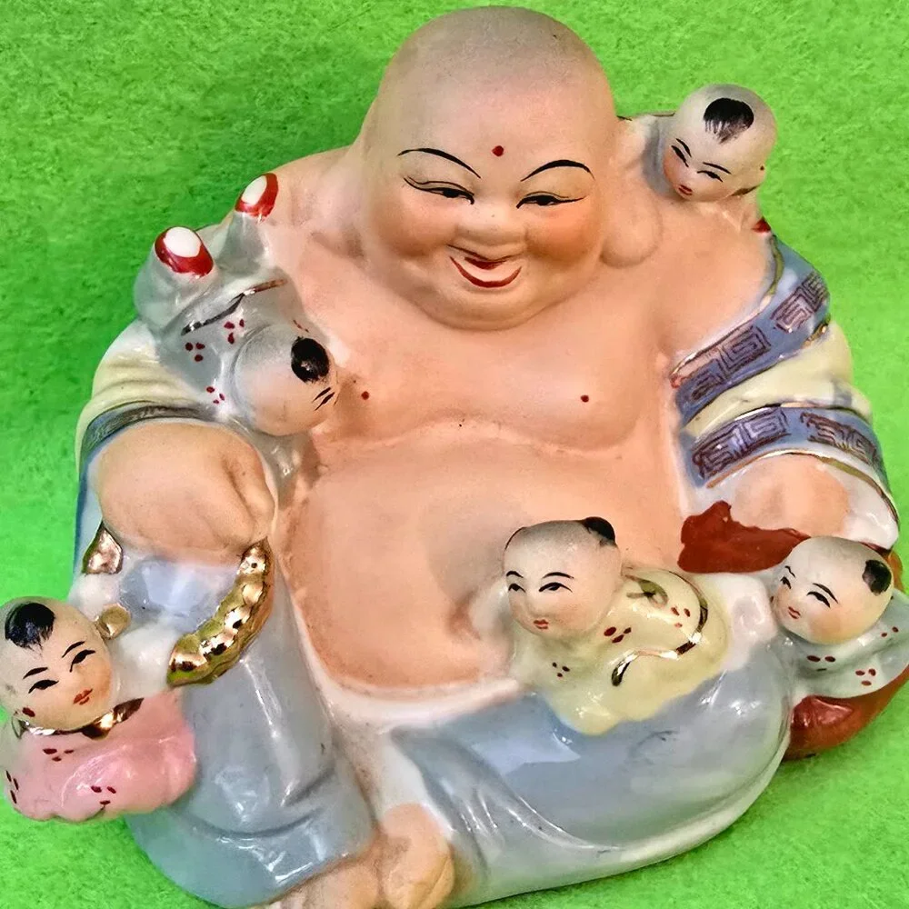 Vintage Chinese Porcelain Laughing Buddha With Five Children Statue hand painted